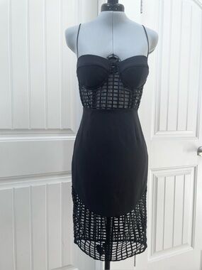 NBD Black Spaghetti-Strap Midi Dress with Grid Mesh